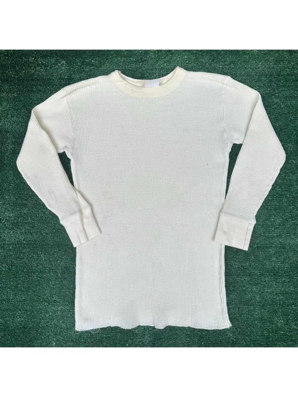 Vintage 60s Waffle Knit Thermal T-Shirt Cream S Long Sleeve Plain Blank Layer